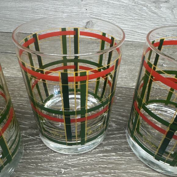 Georges Briard Rocks Glass Double Old Fashioned Red Green Gold Plaid 12oz~4 Pc - Picture 8 of 10